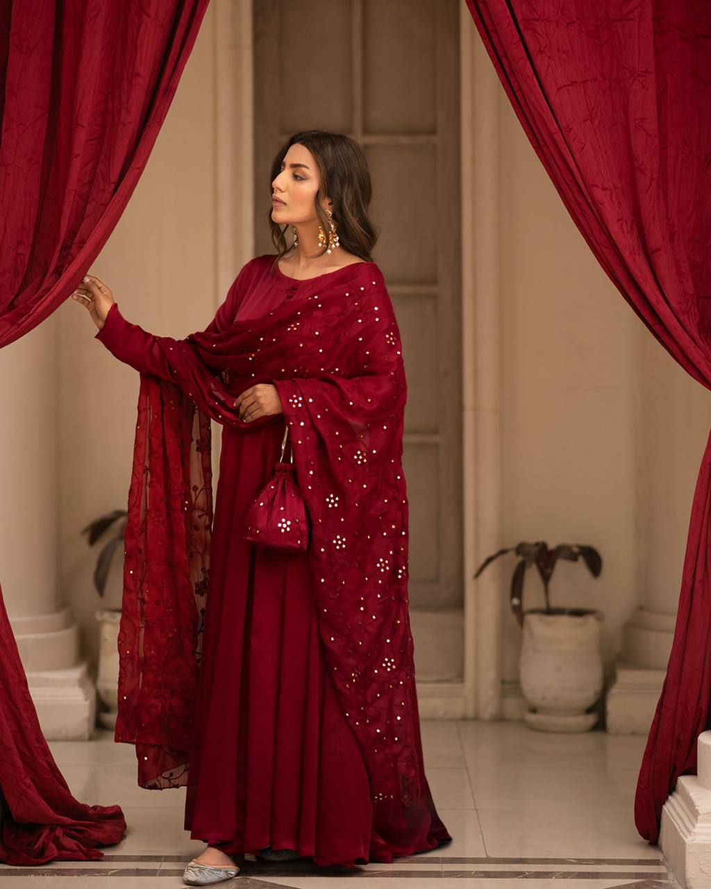 Cotton Anarkali Suit With Embroidered Mirror Work