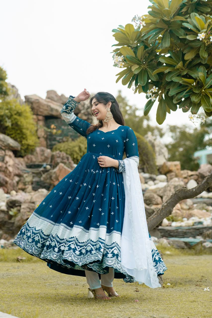 navy blue embroidery worked anarkali suit