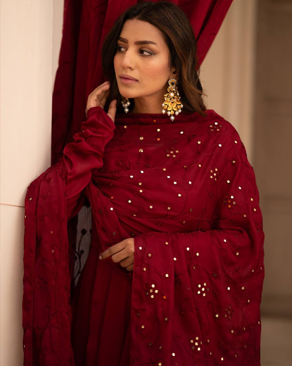 Cotton Anarkali Suit With Embroidered Mirror Work