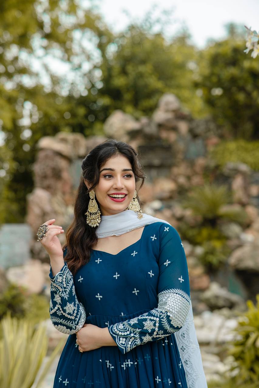 navy blue embroidery worked anarkali suit