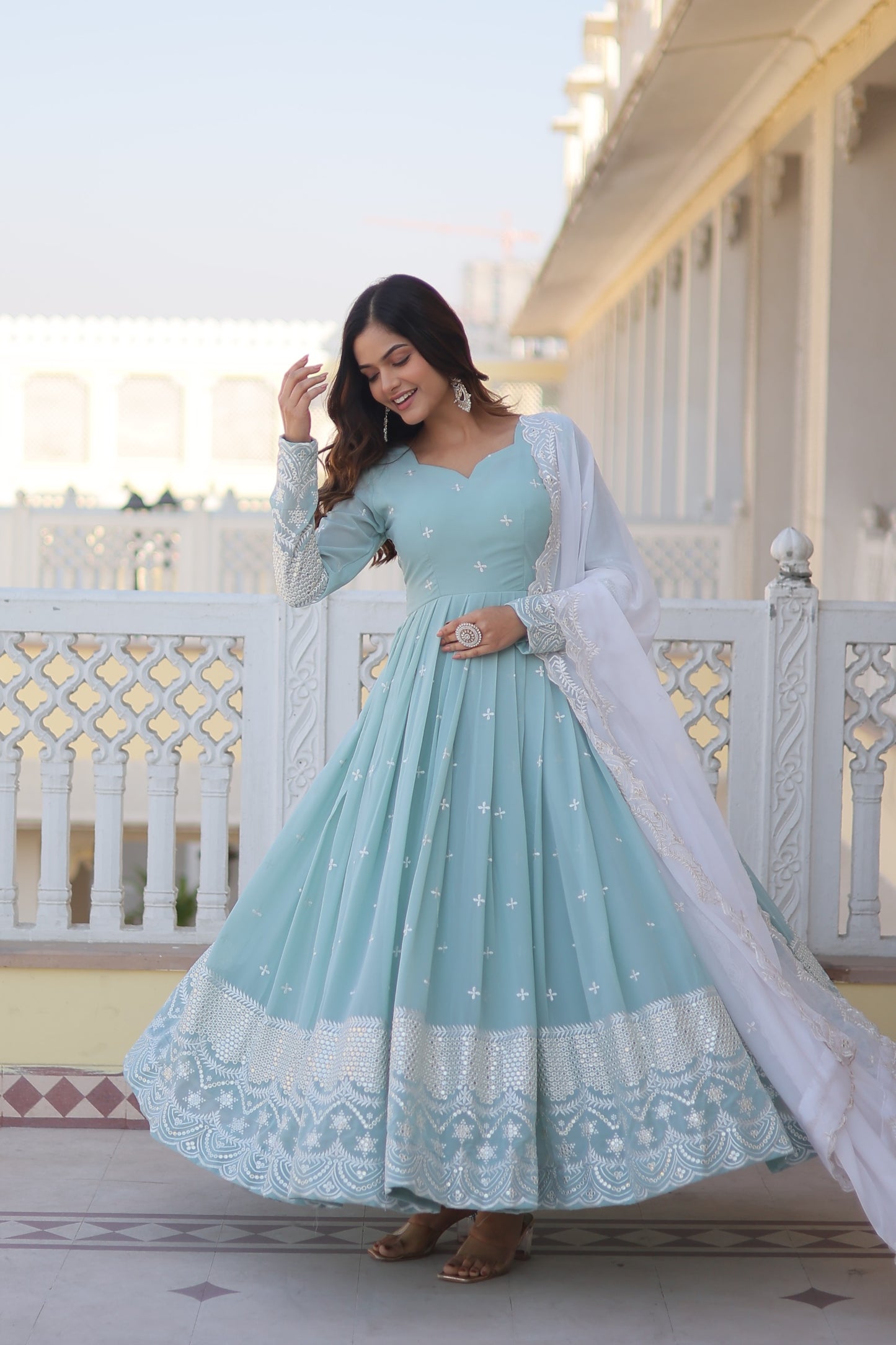 Sky-Blue Embroidered Georgette Gown