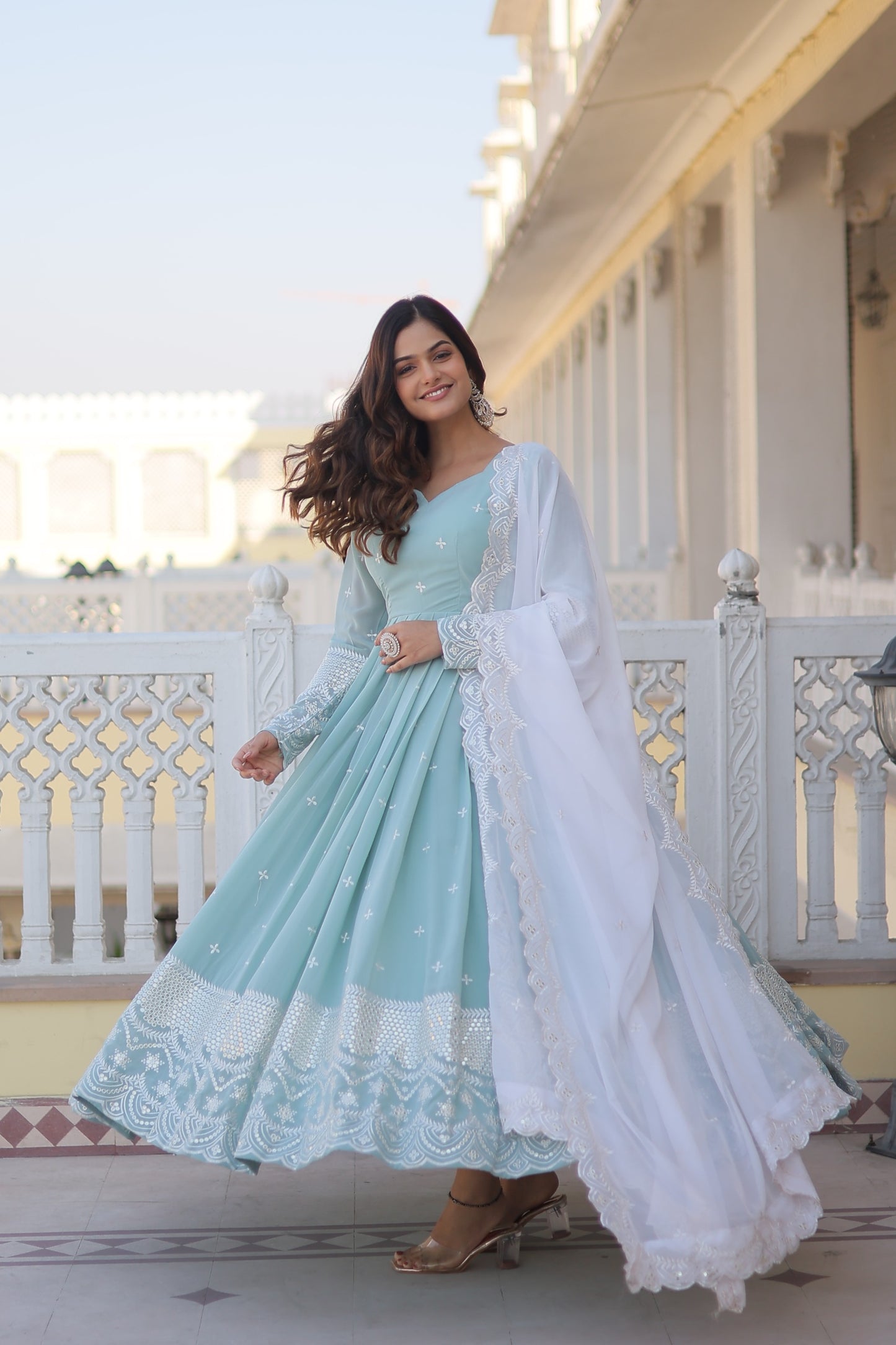 Sky-Blue Embroidered Georgette Gown