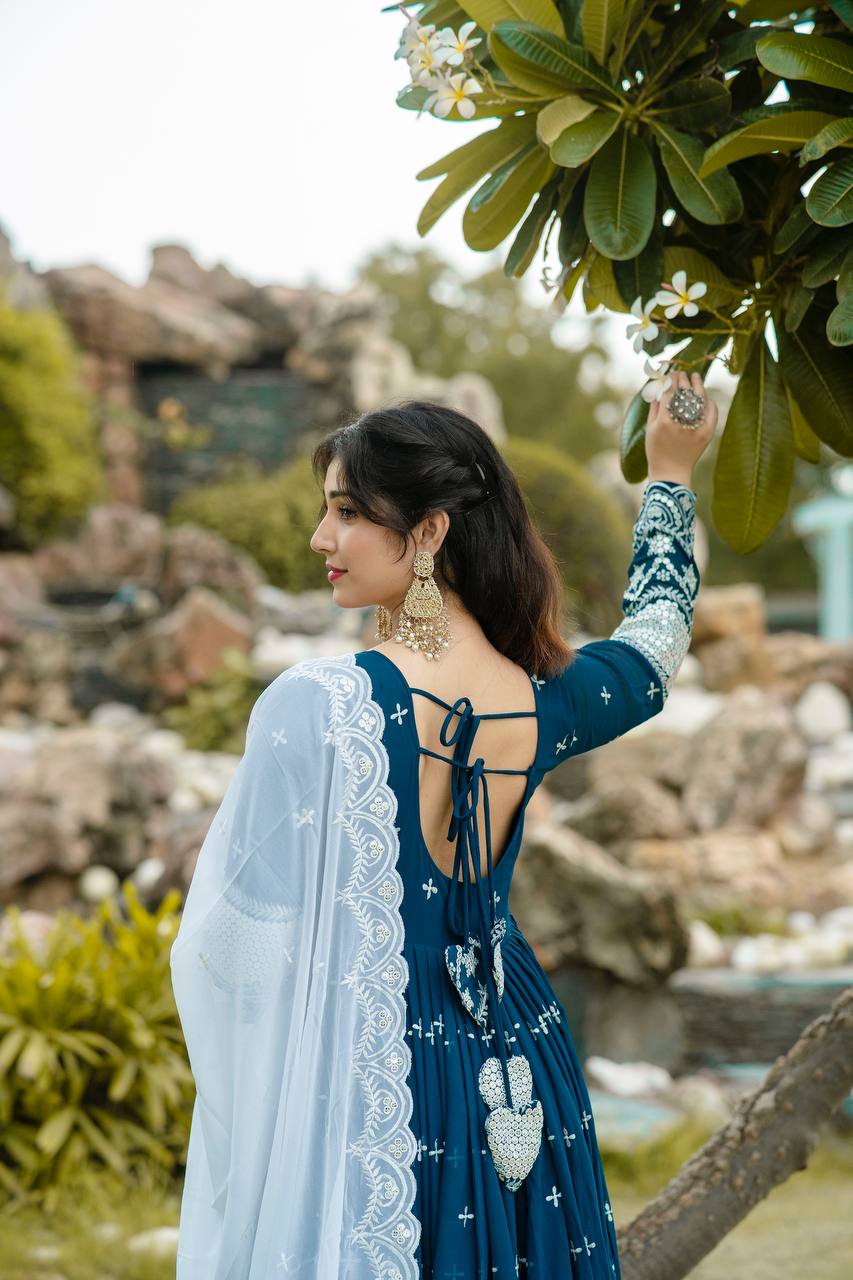 navy blue embroidery worked anarkali suit
