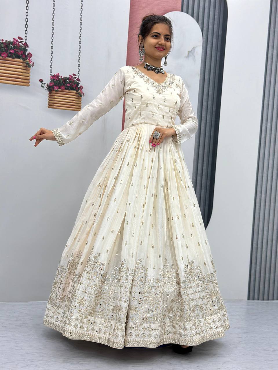 WHITE BEIGE ANARKALI SUIT
