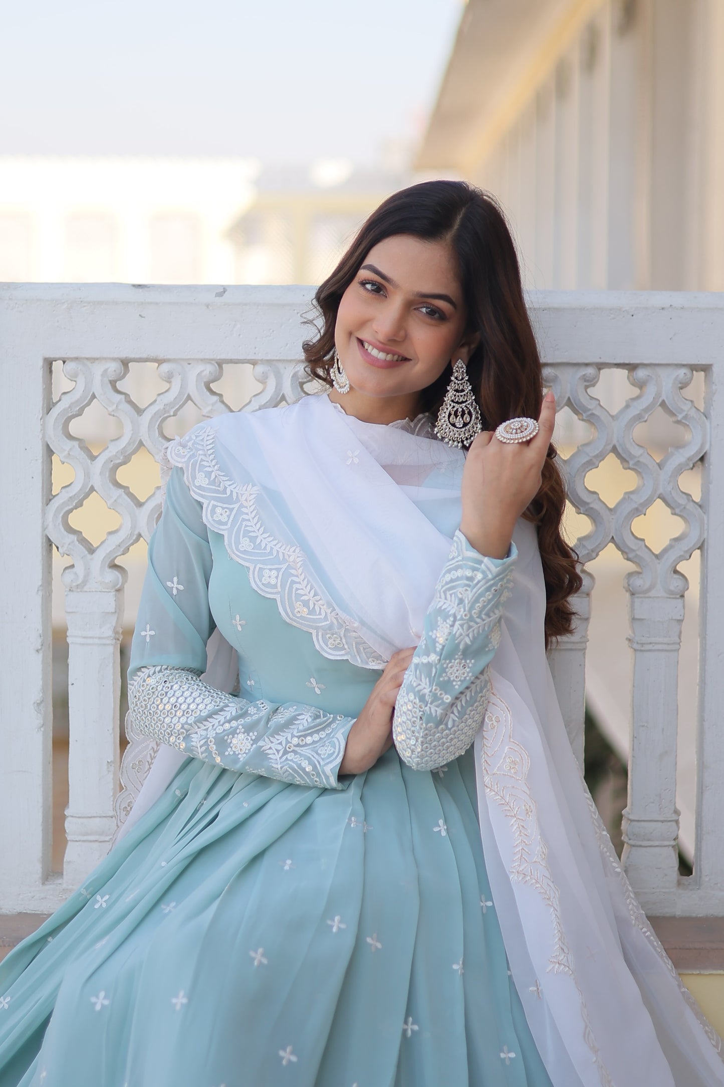 Sky-Blue Embroidered Georgette Gown