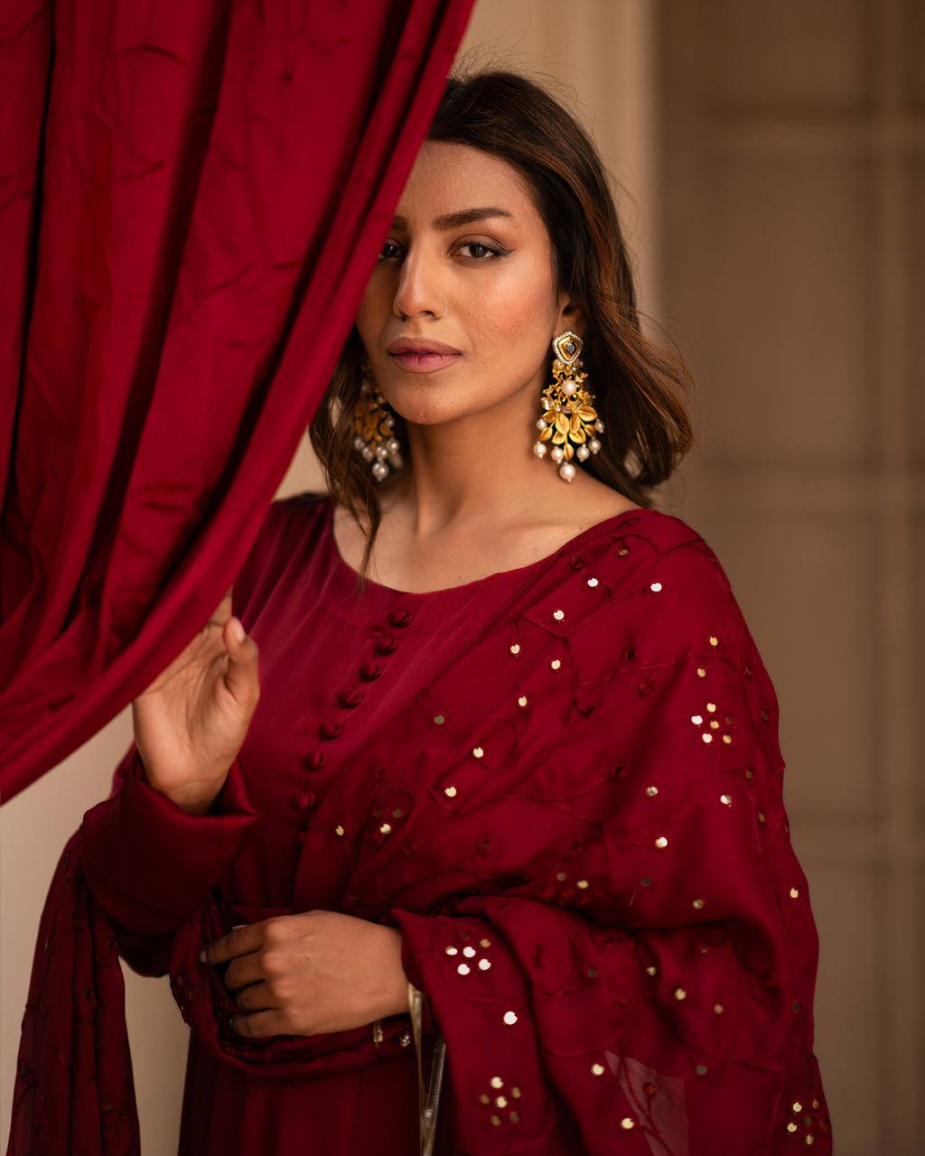 Cotton Anarkali Suit With Embroidered Mirror Work