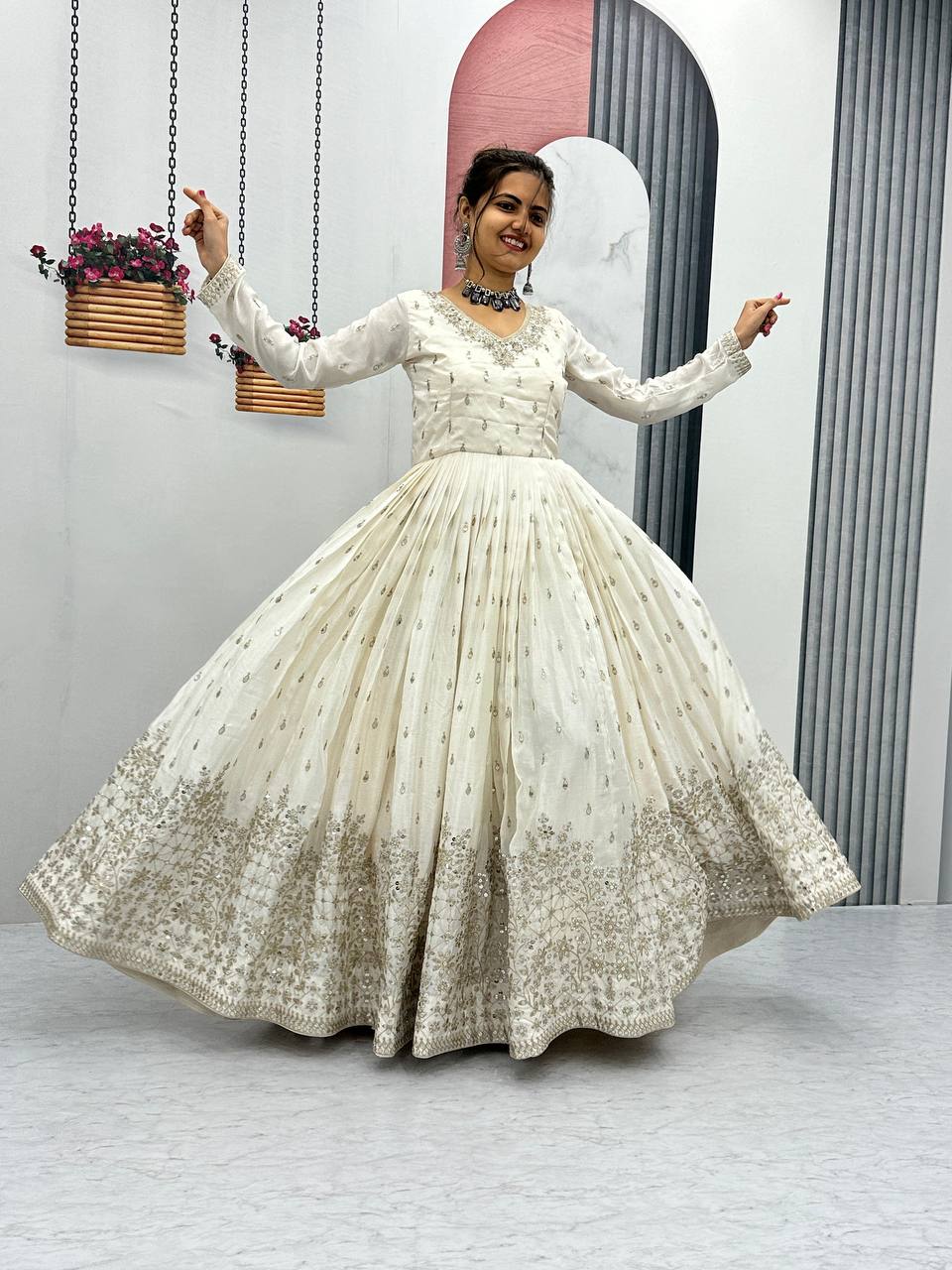 WHITE BEIGE ANARKALI SUIT