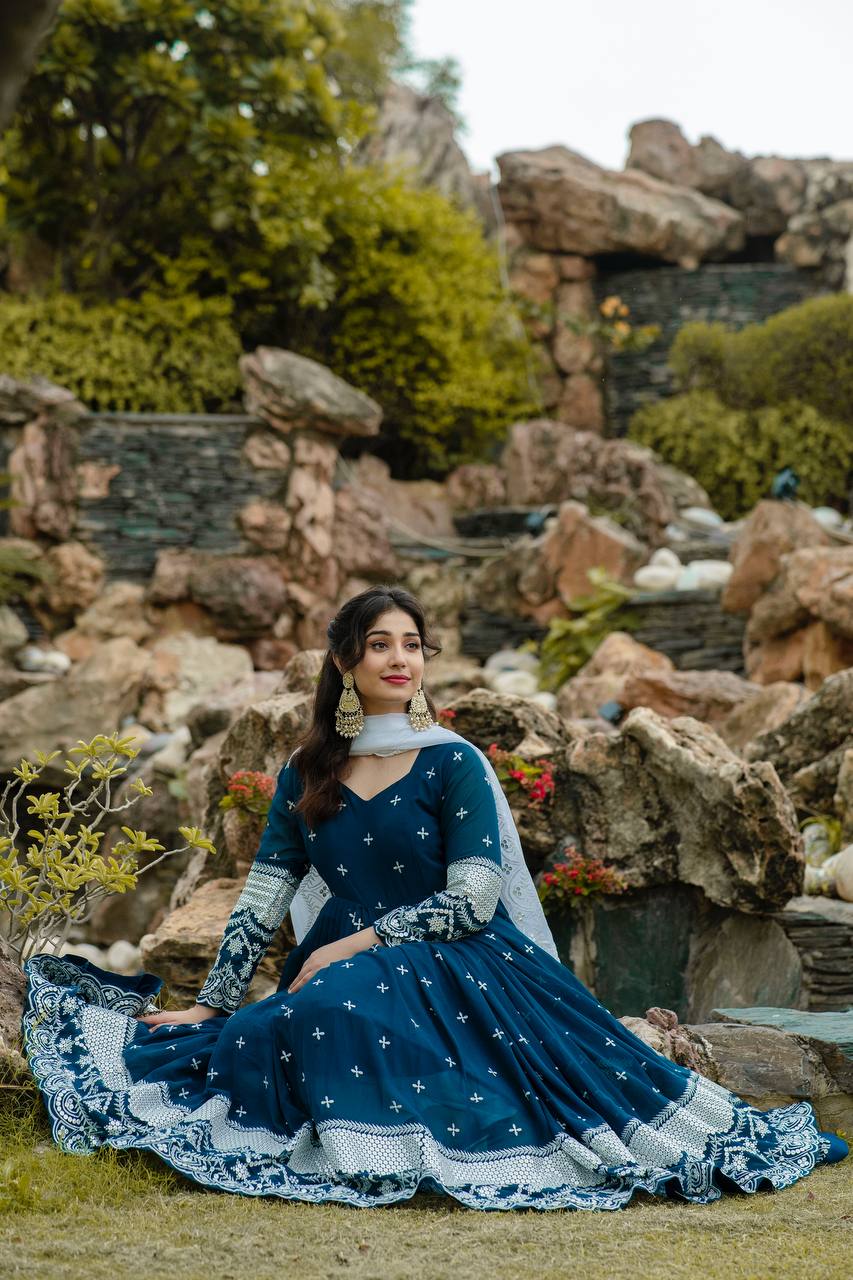 navy blue embroidery worked anarkali suit