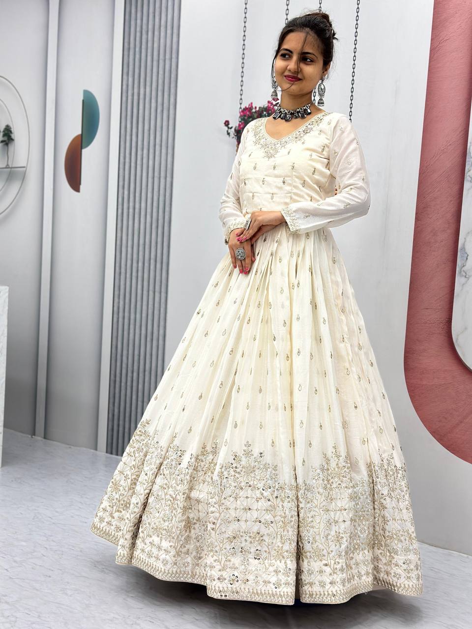 WHITE BEIGE ANARKALI SUIT