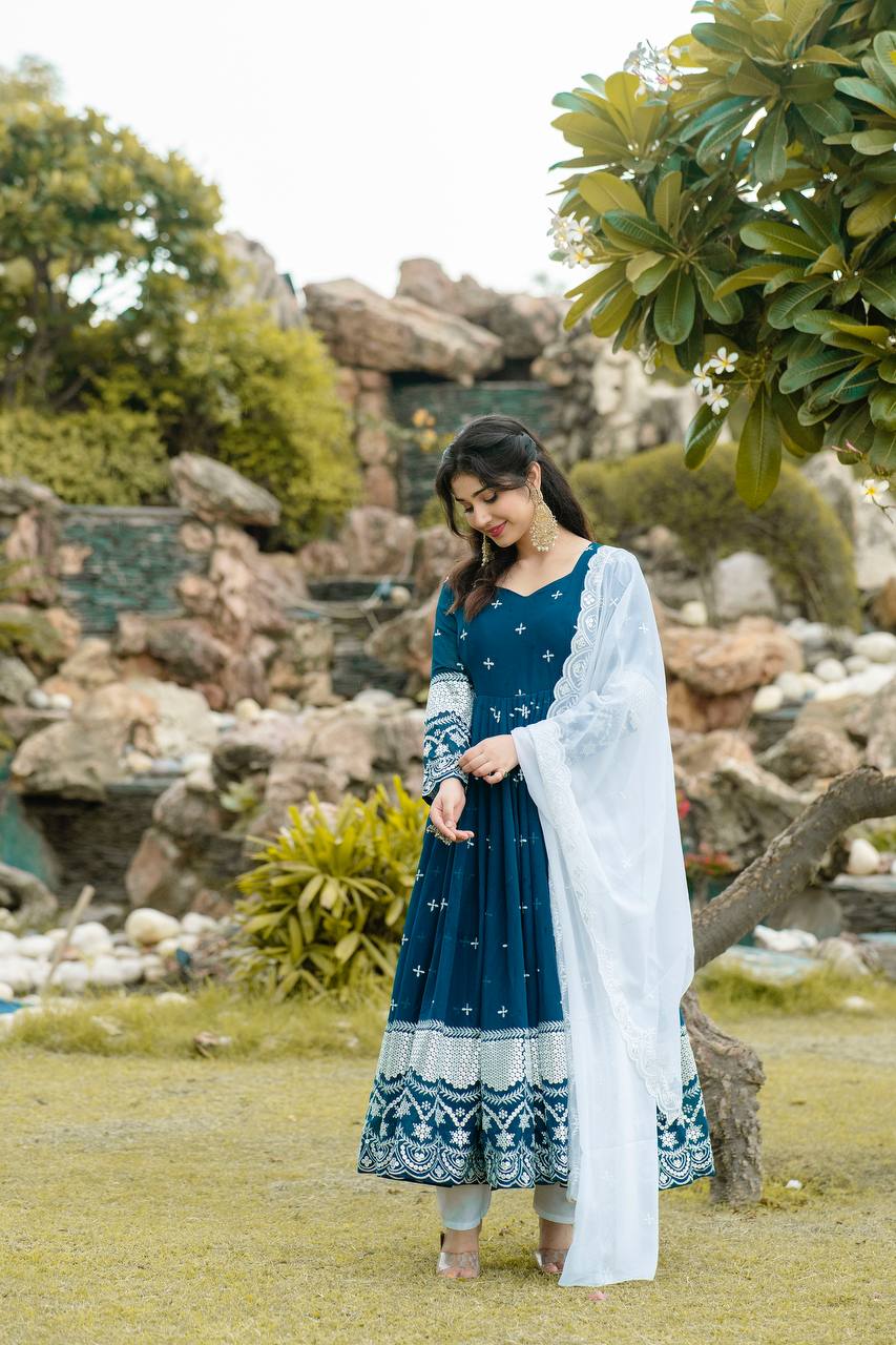 navy blue embroidery worked anarkali suit