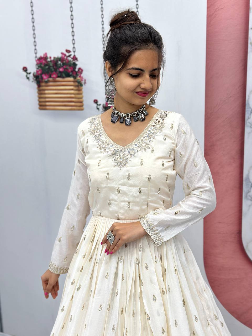 WHITE BEIGE ANARKALI SUIT