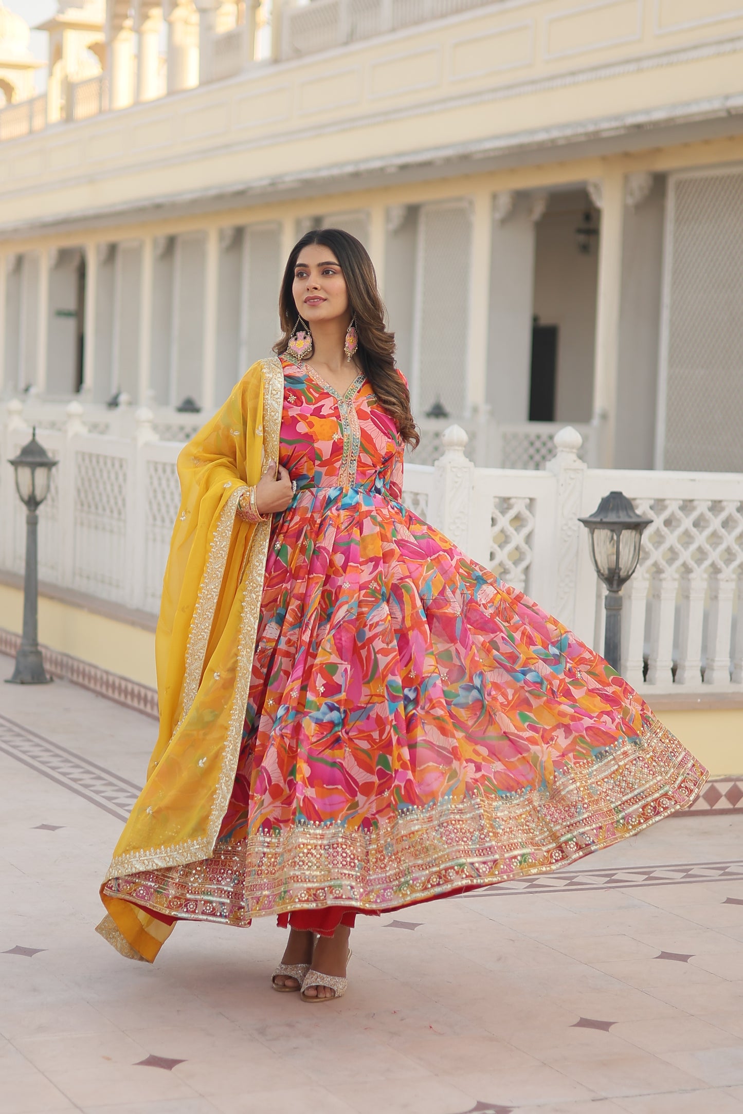 Russian Silk Floral Print Anarkali Kurta Set