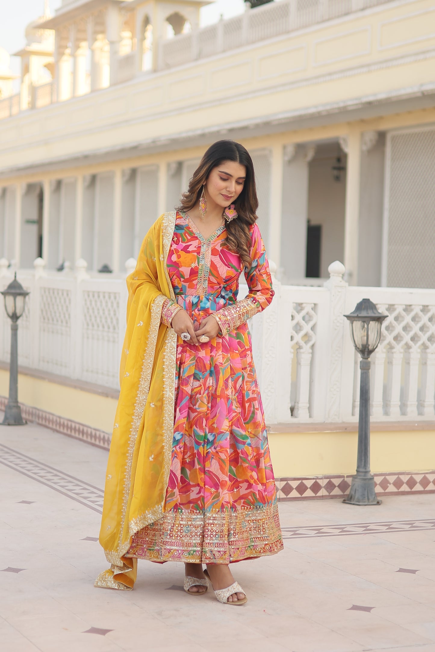Russian Silk Floral Print Anarkali Kurta Set