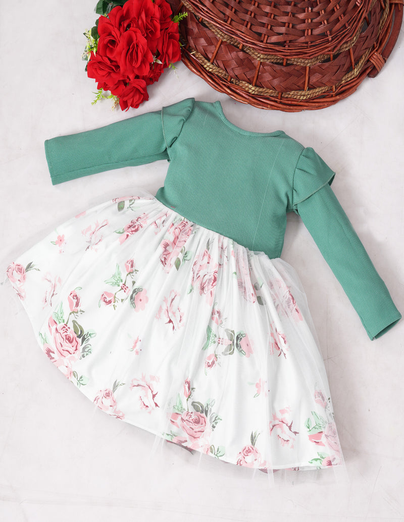 Girls Floral Print Mesh Hem Belted Dress