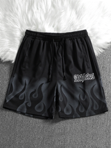 Flame And Letter Print Black Stylish Waist Shorts