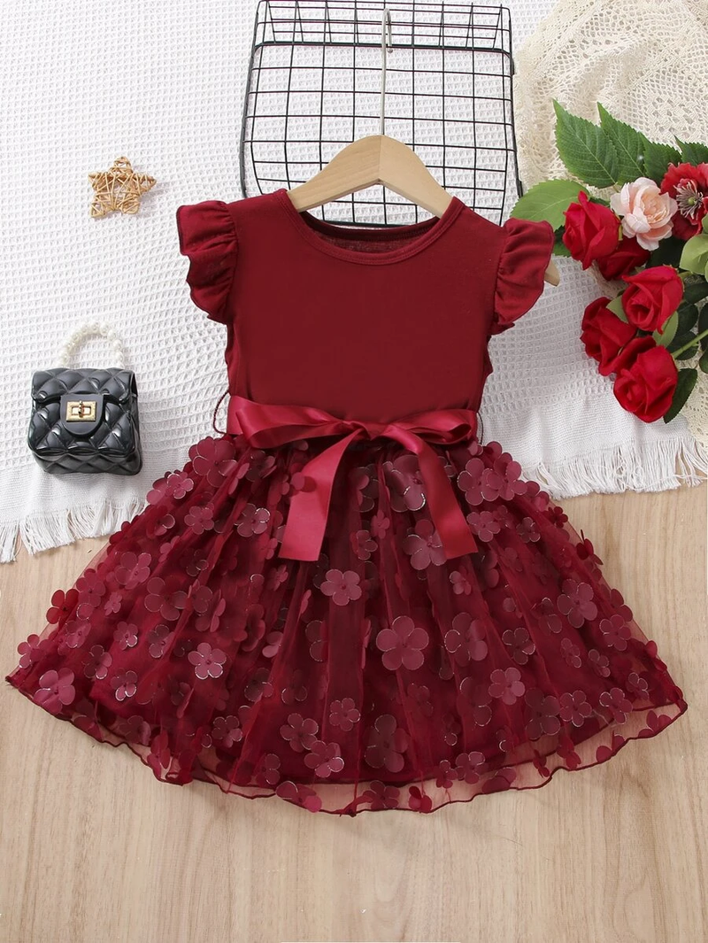 Maroon Girls Flutter Sleeves Round Dress