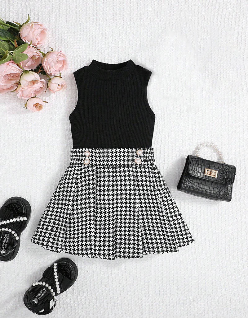 Mock Neck Top & Houndstooth Print Pleated Skirt