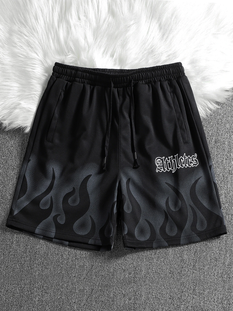 Flame And Letter Print Black Stylish Waist Shorts