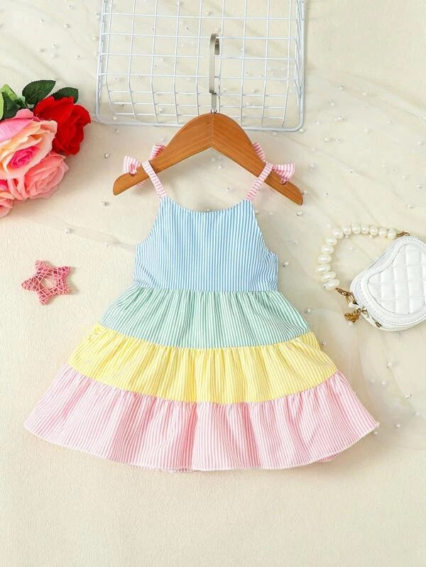 Colorblock Bow Shoulder Ruffle Hem Cami Dress