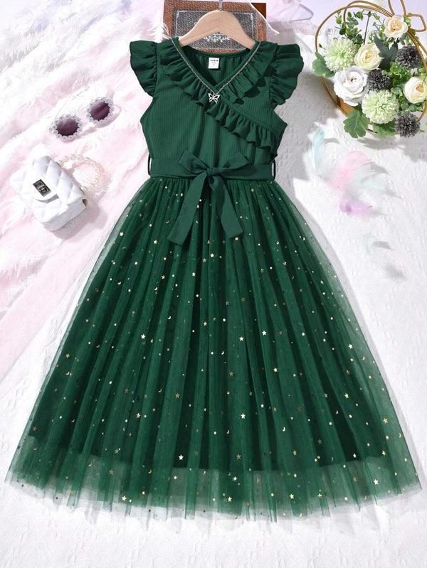 girls green bow applique party dress