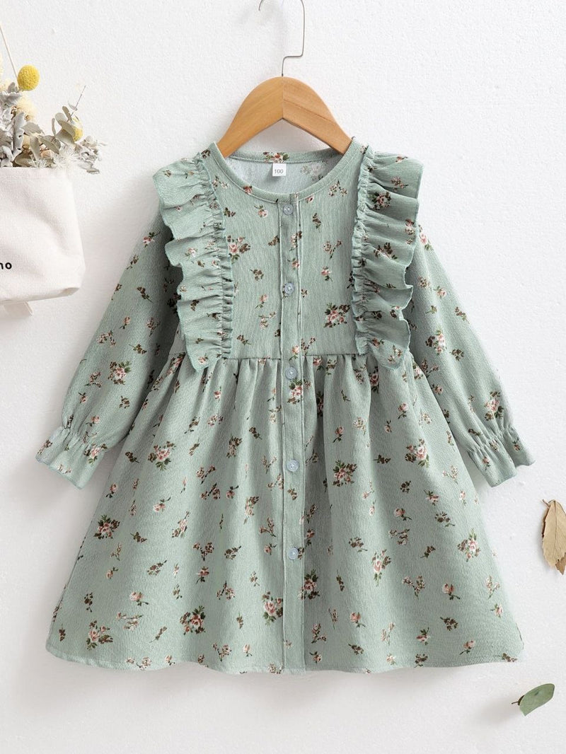 Toddler Girls Ditsy Floral Ruffle Trim Corduroy Smock Dress