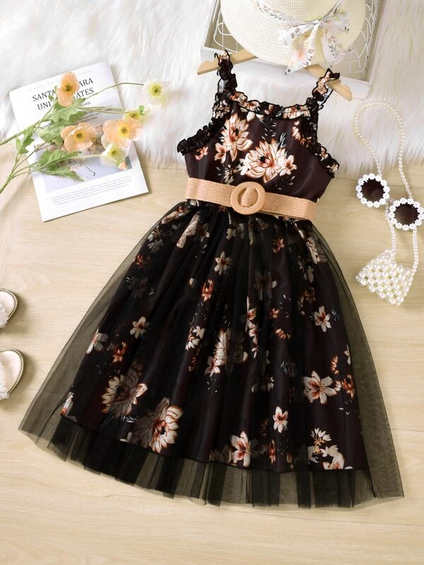 girls black floral print sleeveless casual dress