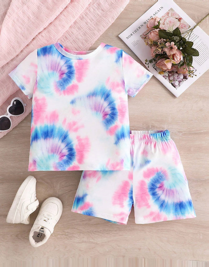 Girl's Multi Color Print T-Shirt And Short Pair