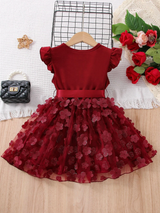 Maroon Girls Flutter Sleeves Round Dress