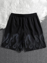 Flame And Letter Print Black Stylish Waist Shorts