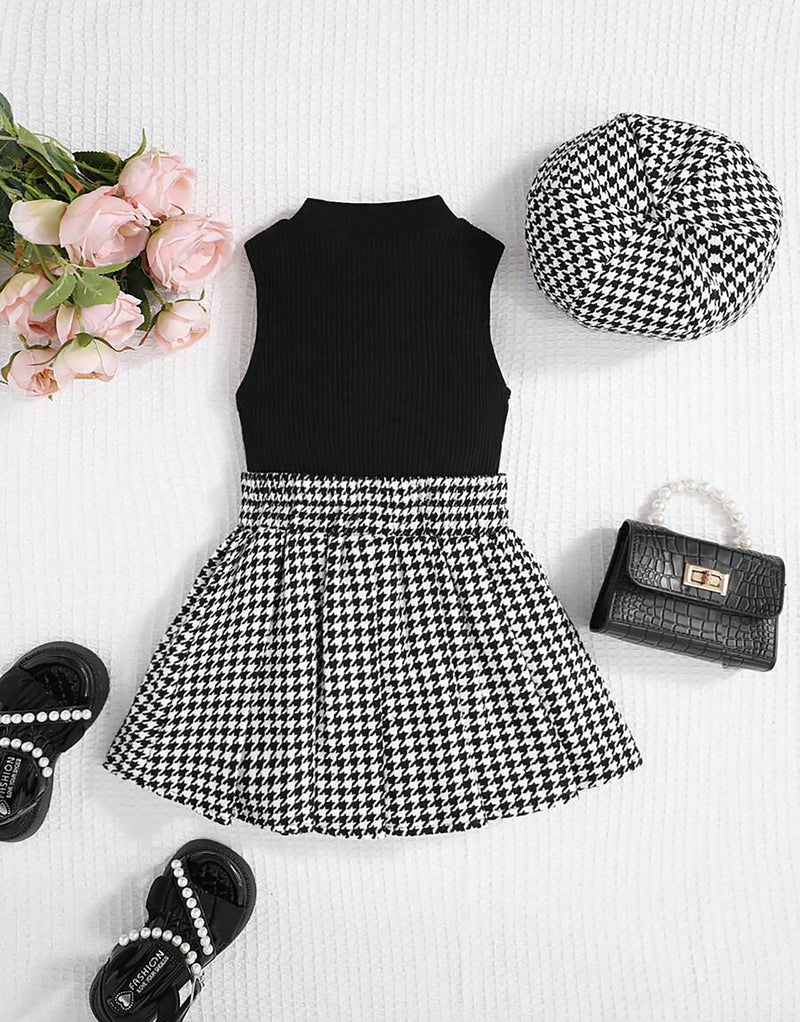 Girls Sleeveless Top with Pleated Skirt & Beret Hat Set