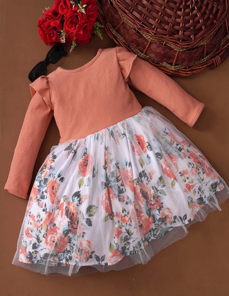 Girls Floral Print Mesh Hem Belted Dress