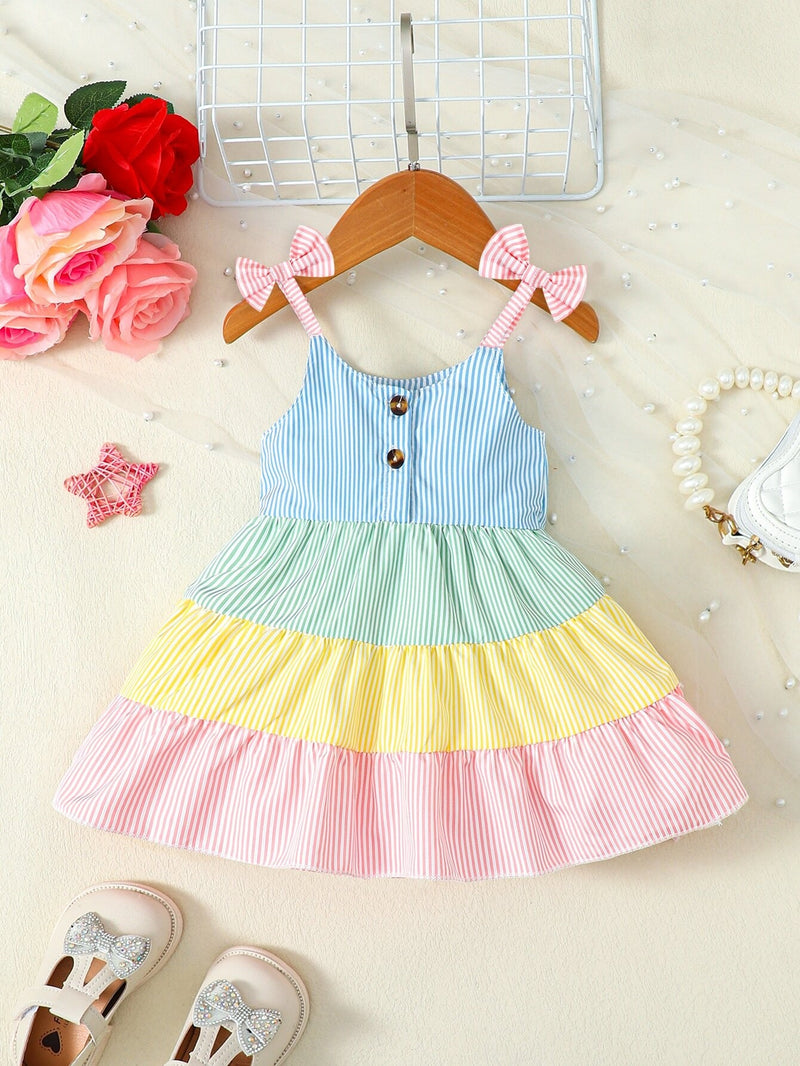 Colorblock Bow Shoulder Ruffle Hem Cami Dress