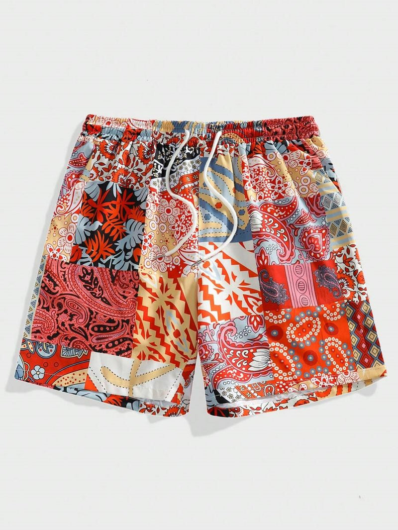 Patchwork Paisley Printed Drawstring Shorts For Summer