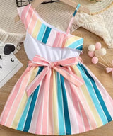 Toddler Girls Block Striped Asymmetrical Neck Belted Dress