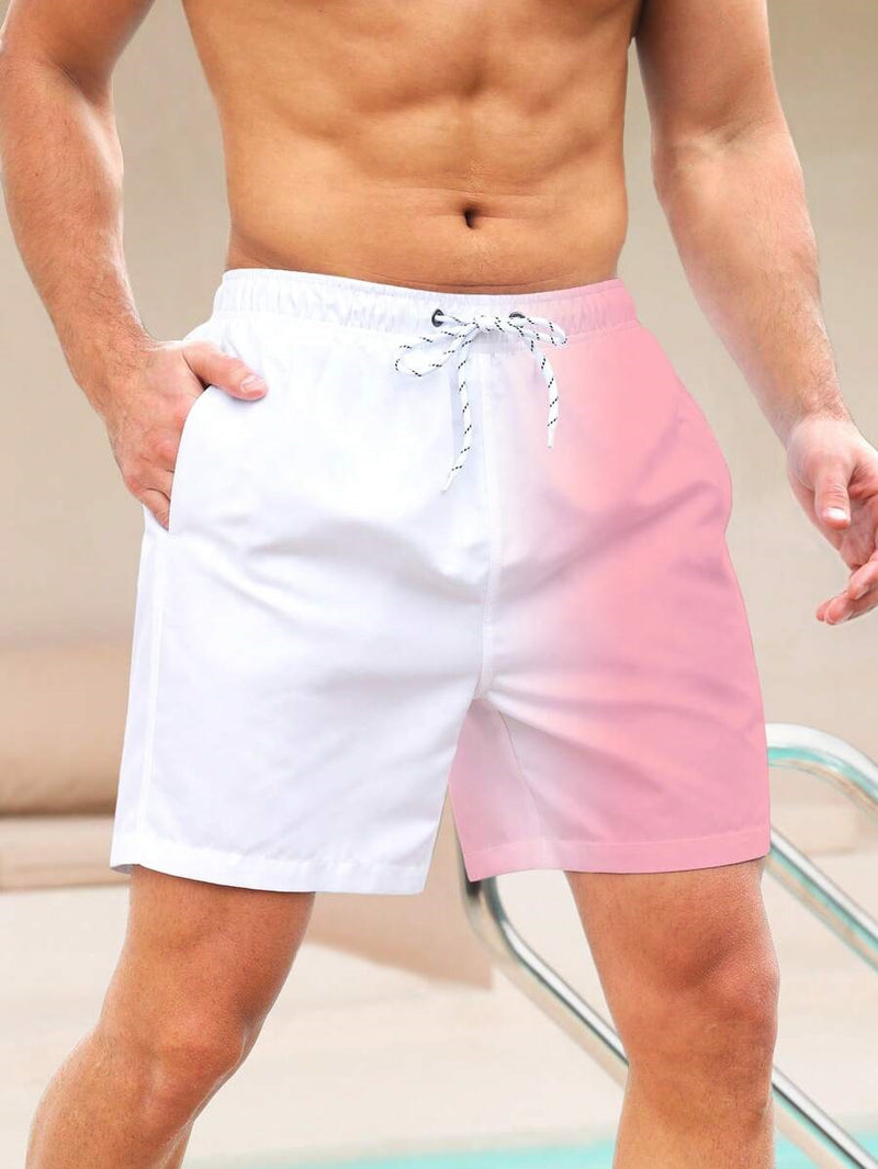 Men Two Tone Drawstring Waist Swim Shorts