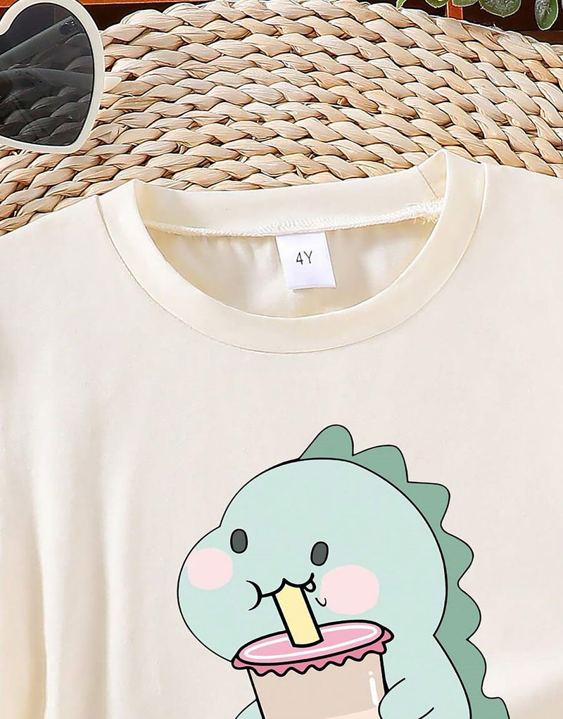 Girl's Cream Color Cartoon Print T-Shirt