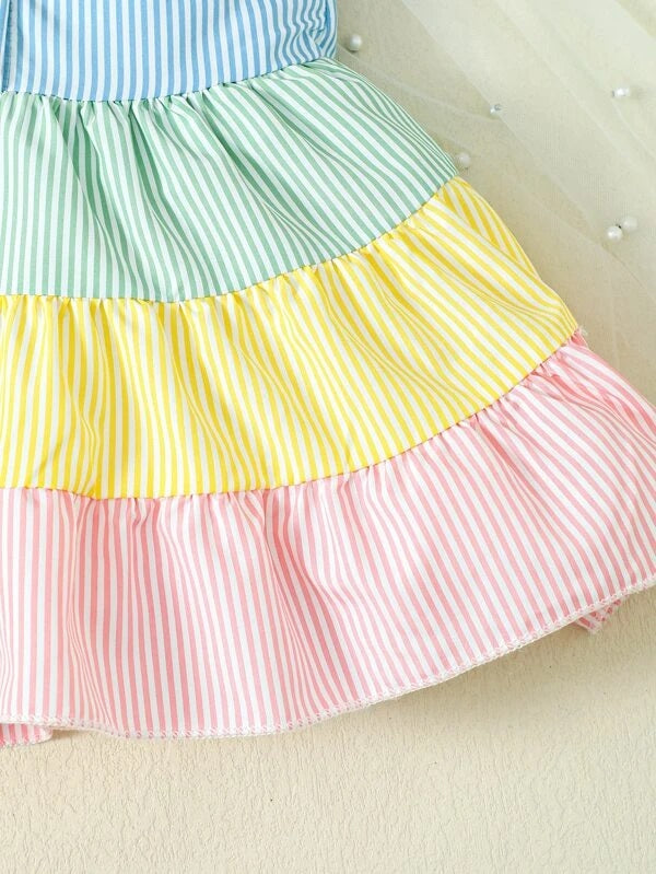 Colorblock Bow Shoulder Ruffle Hem Cami Dress