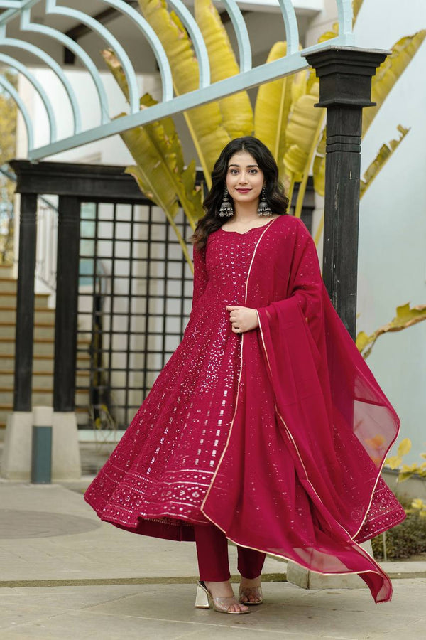 Maroon colour Embroidered Anarkali Suit Set