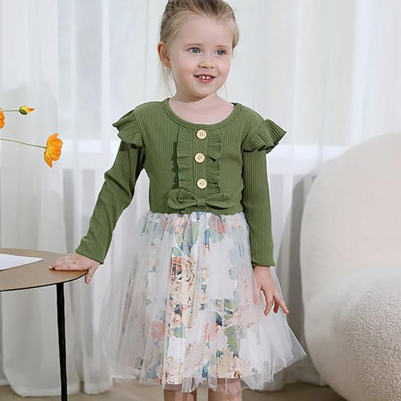 Girls Floral Print Mesh Hem Belted Dress