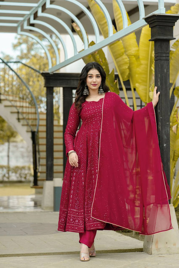 Maroon colour Embroidered Anarkali Suit Set