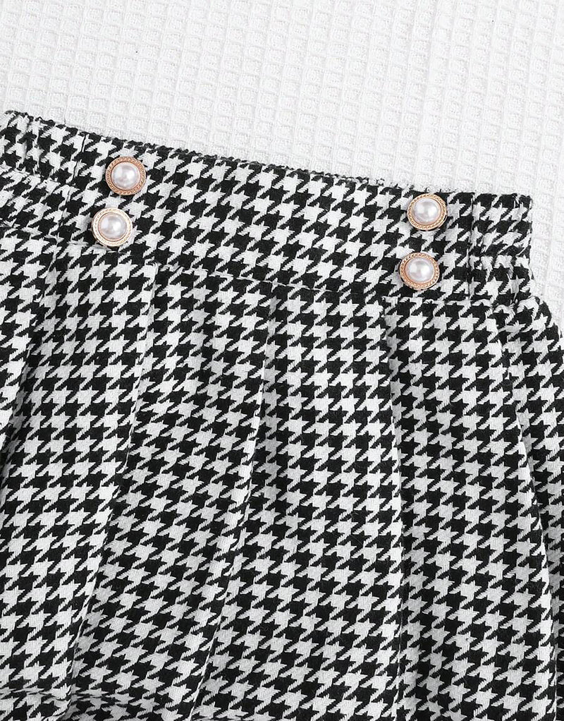 Mock Neck Top & Houndstooth Print Pleated Skirt