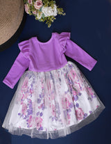 Girls Floral Print Mesh Hem Belted Dress