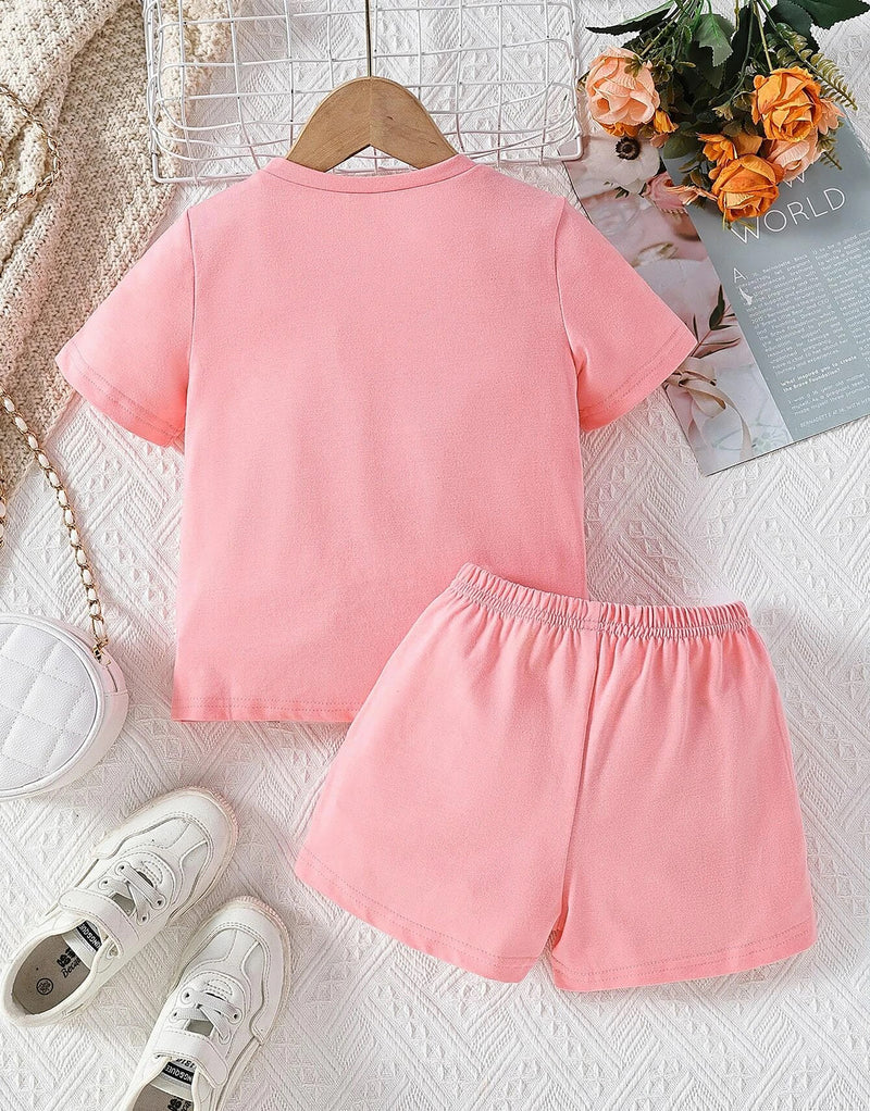 Girl's Pink Color T-shirt Short Pair