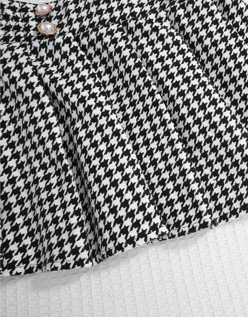 Mock Neck Top & Houndstooth Print Pleated Skirt