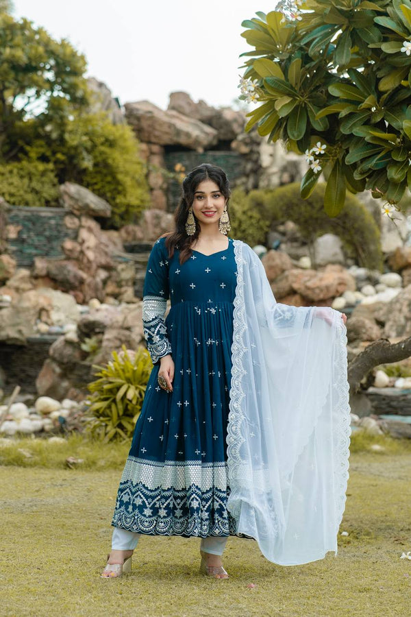 navy blue embroidery worked anarkali suit