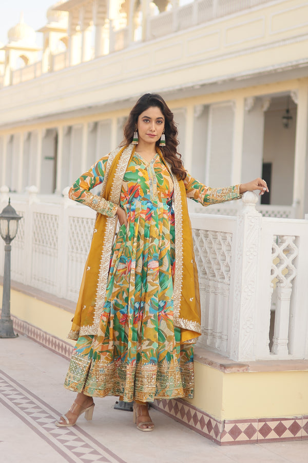 Russian Silk Floral Print Anarkali Kurta Set