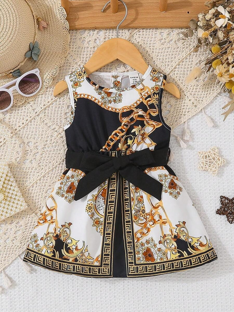 Baby Girls' Vintage Gold Printed Patchwork Sleeveless Belted Dress