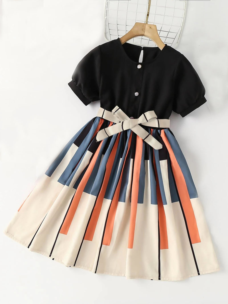 Colorblock Keyhole Back Belted Dress