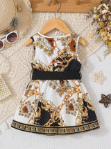 Baby Girls' Vintage Gold Printed Patchwork Sleeveless Belted Dress